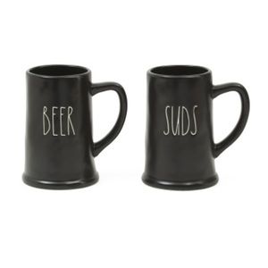 Rae Dunn BEER & SUDS Black Ceramic Steins Set Beer Husband Father Gift Set NEW
